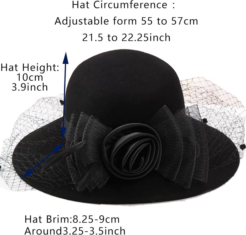 IZUS Women Flower Decor Bowler Fedora Hat with Veil Floppy Brim Felt Church Party Cap Vintage 1920s Elegant Fascinator Hat Small - Image 5